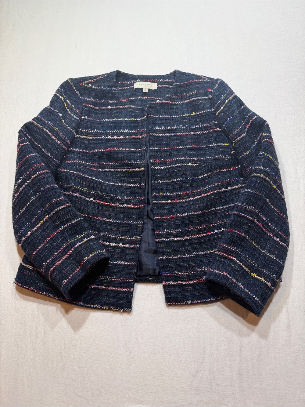 Talbots Navy Striped Bouclé Collarless Blazer size 4